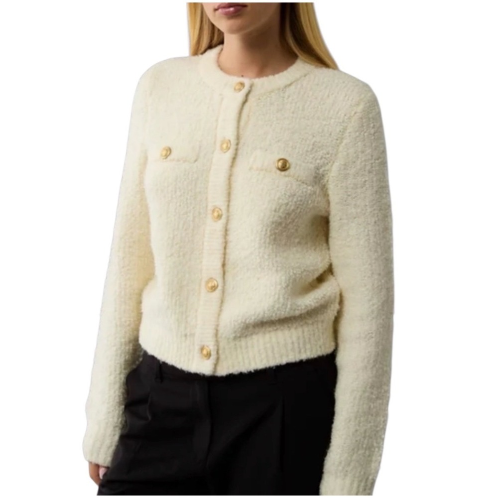 American Eagle Cream Boucle Lady Jacket Cardigan Gold Crest Buttons Womens Med